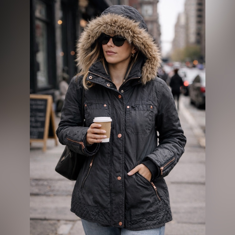 Express Y2K Charcoal Gray Quilted Jacket Faux Fur Hood Size Medium